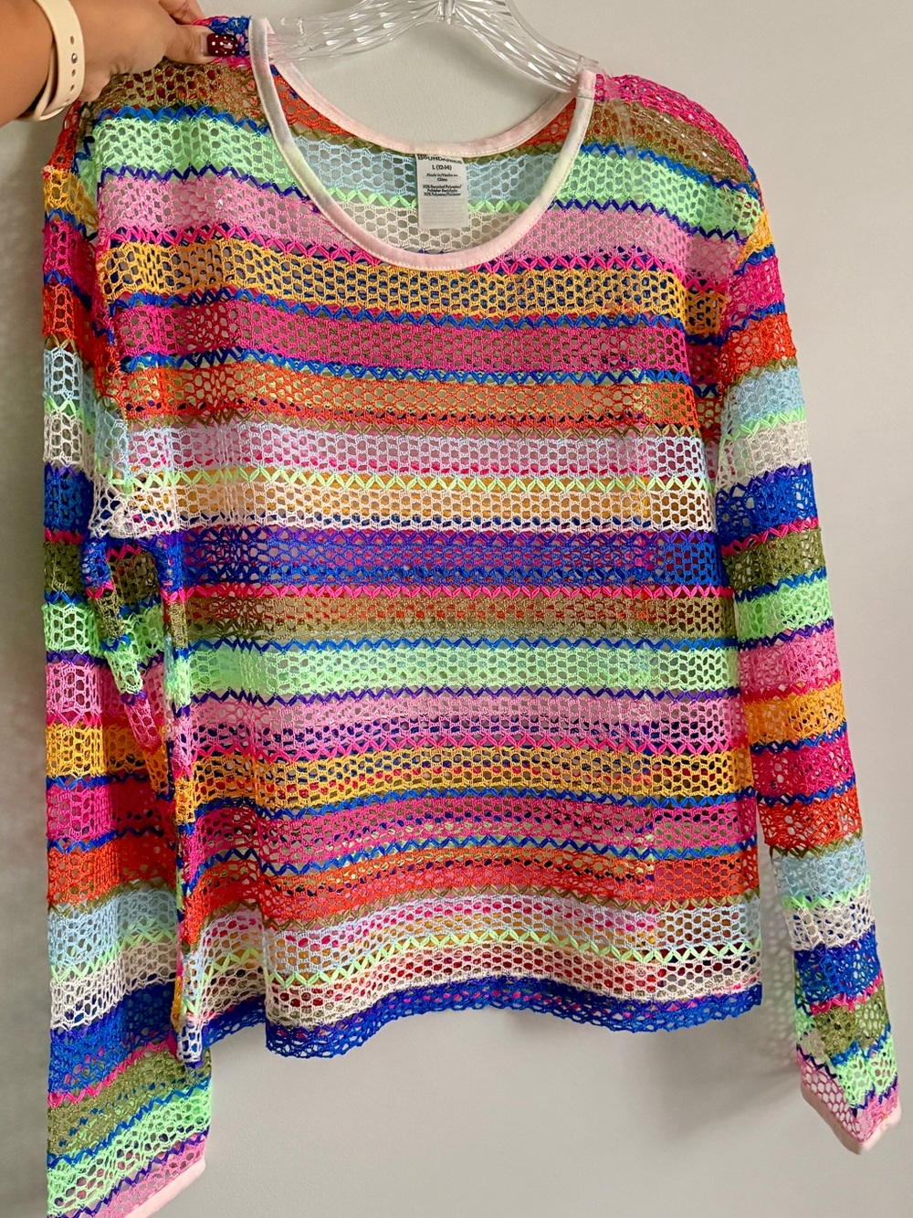 Multi-Color Crochet Stripe Long-Sleeve Top in size L